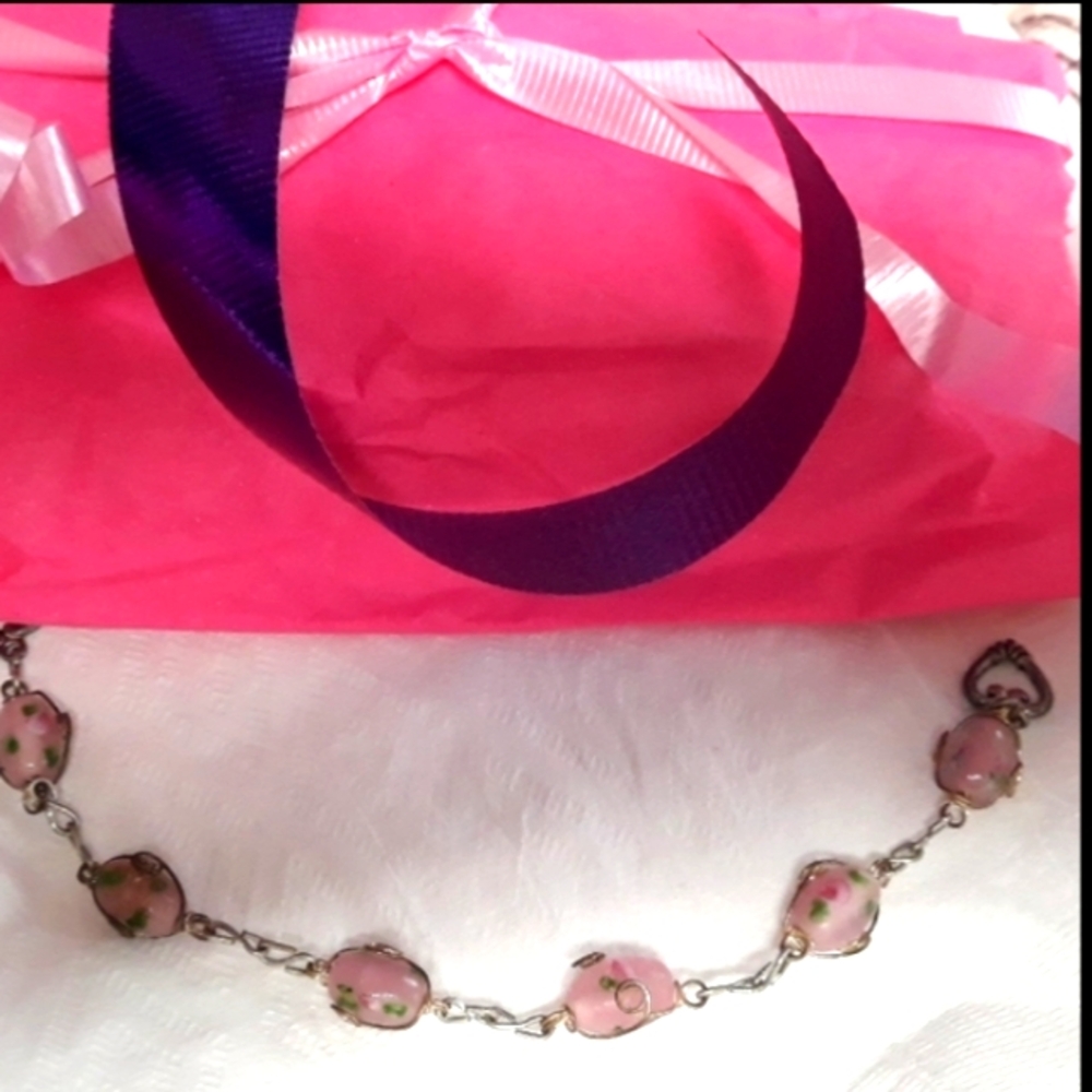 Handmade Silver Link Bracelet Pink Floral Painted Beads Lobster clasp NEW